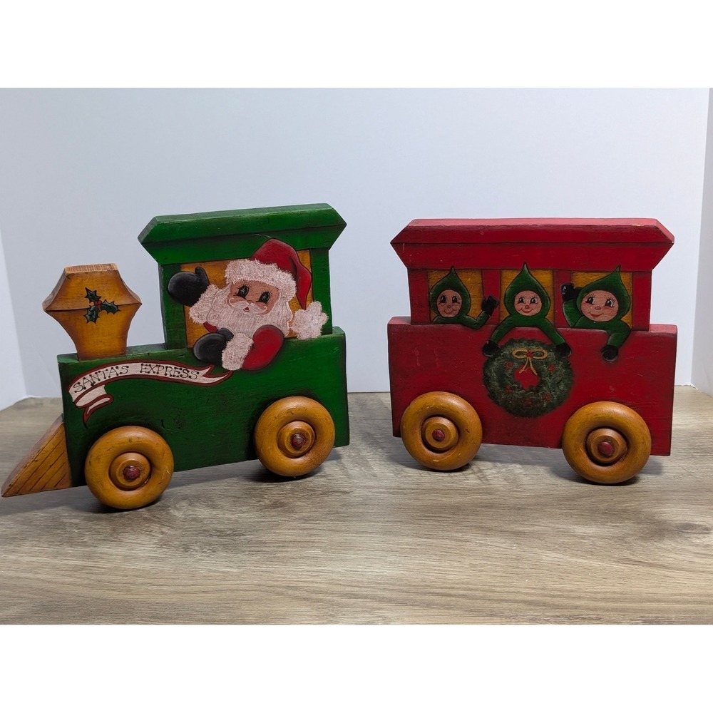 Vintage Wooden Santa Claus & Elves Express Train Christmas Decor Hand Painted